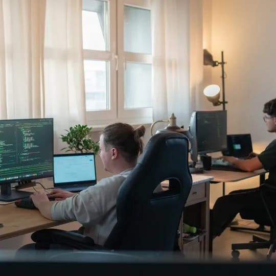 Deux développeurs travaillant sur leurs ordinateurs dans un bureau avec plusieurs écrans.