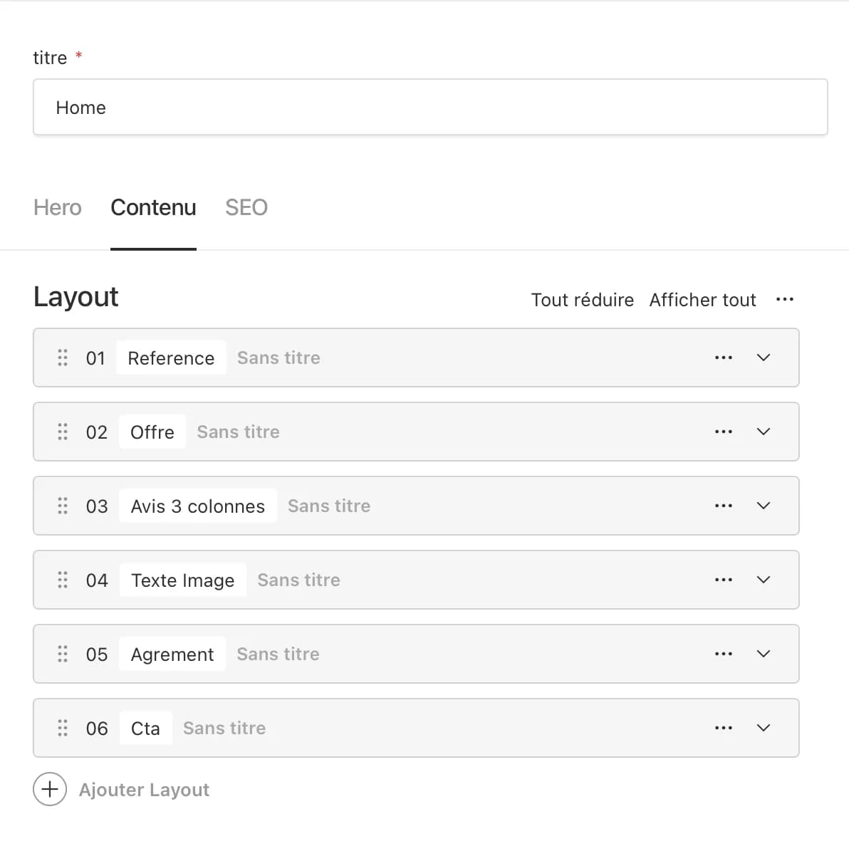 Interface d'édition montrant liste des layouts de page avec options d'ajout.