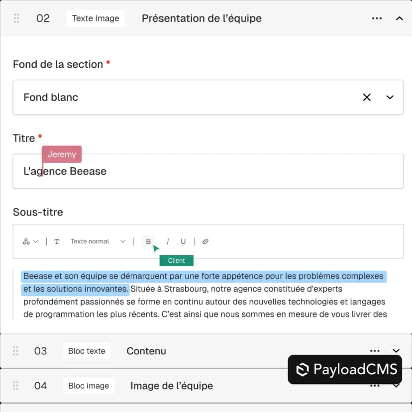 Interface de configuration PayloadCMS montrant un formulaire d'édition pour une section "Présentation de l'équipe" avec options de personnalisation incluant fond blanc, titre "L'agence Blessée", sous-titre, et blocs de contenu avec texte et image.